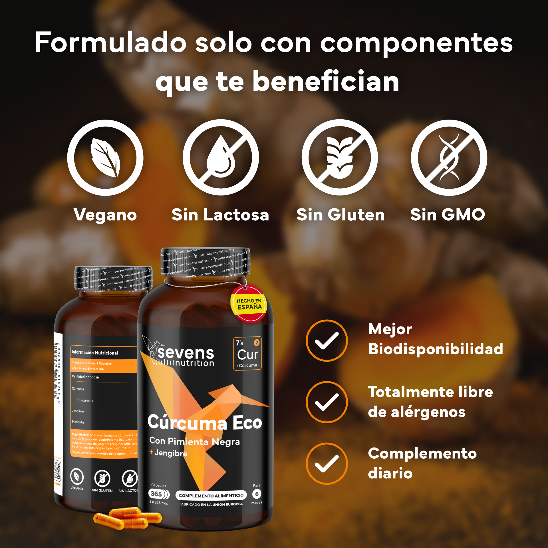 Cúrcuma + Jengibre Sevens Nutrition. Antiinflamatorio Y Salud Articular