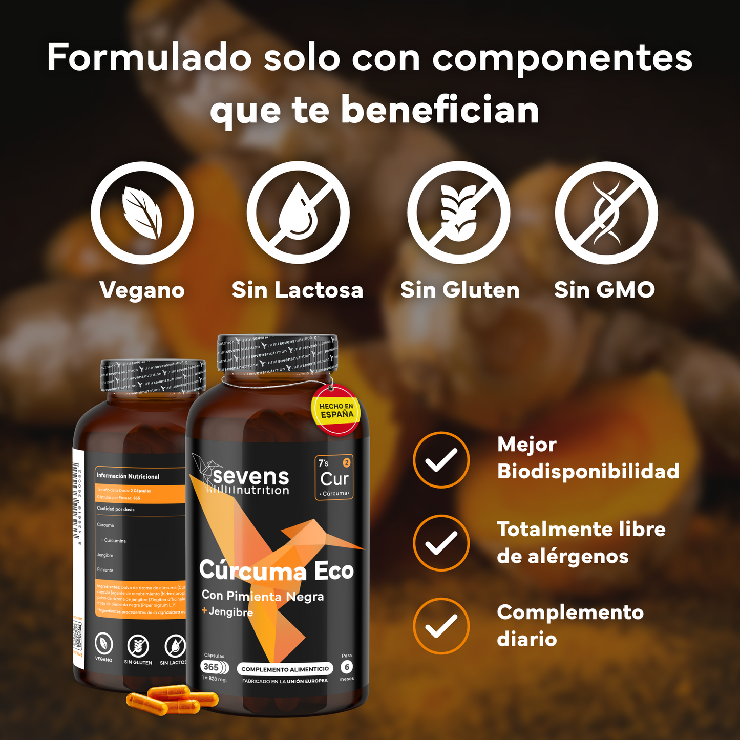 Pack 2x Cúrcuma + Jengibre Y Pimienta Negra Sevens Nutrition. Antiinflamatorio Y Salud Articular._3