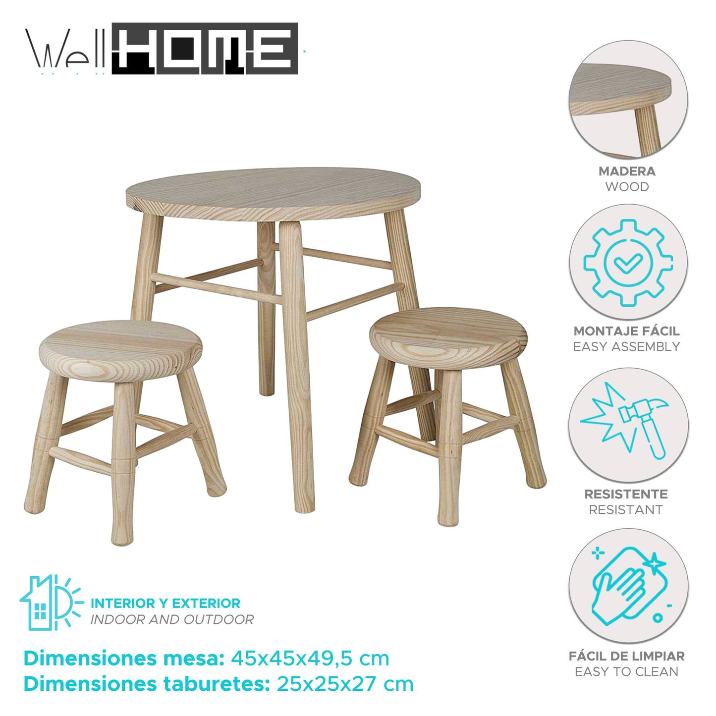 Conjunto Infantil Redondo Mesa Y 2 Taburetes En Madera De Pino_1