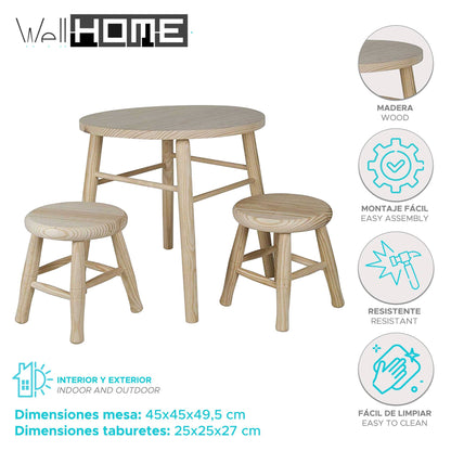 Conjunto Infantil Redondo Mesa Y 2 Taburetes En Madera De Pino_1