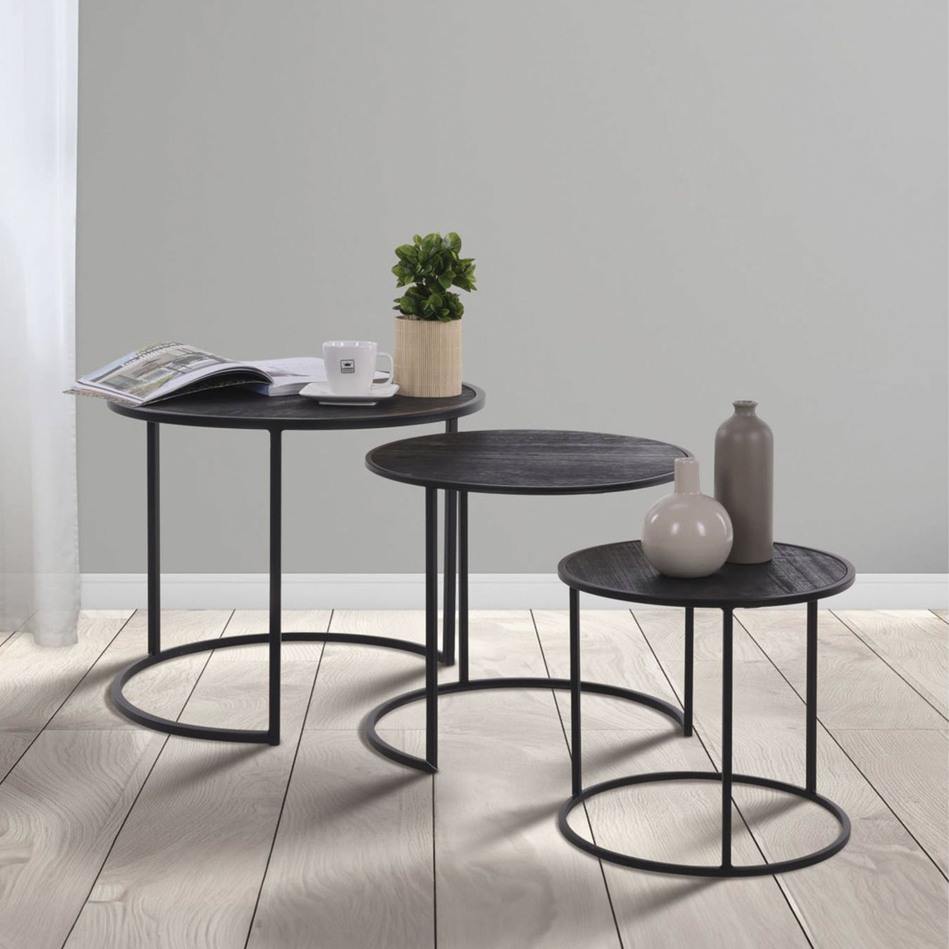 Well Home Juego De 3 Mesas Nido En Metal Melamina Color Negro Ø35ø45ø55cm