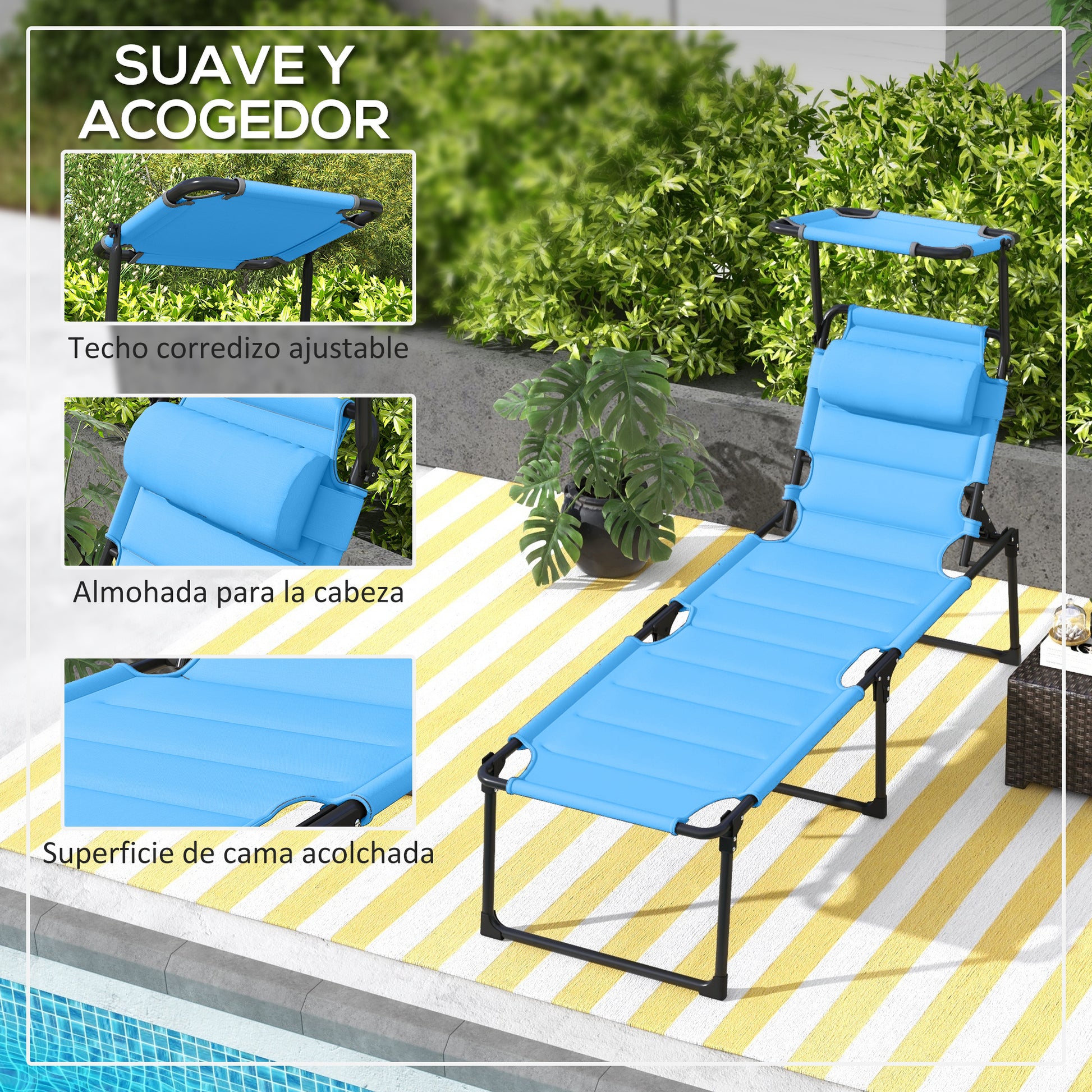 Outsunny Tumbona Plegable Con Respaldo Regulable 70x200x45 Cm Azul Claro_5