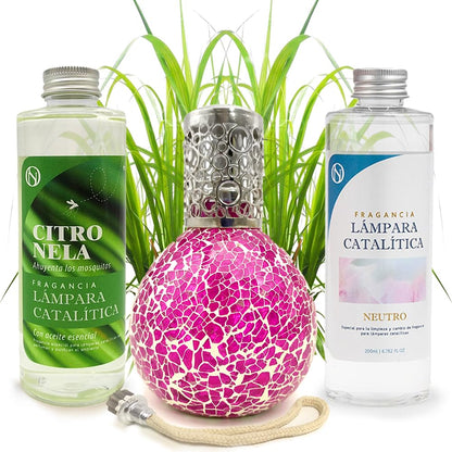 Pack Ahorro Lámpara Catalítica Mosaico Fucsia + Fragancia Citronela 200ml + Limpiador Neutro 200ml + Mecha Repuesto_0