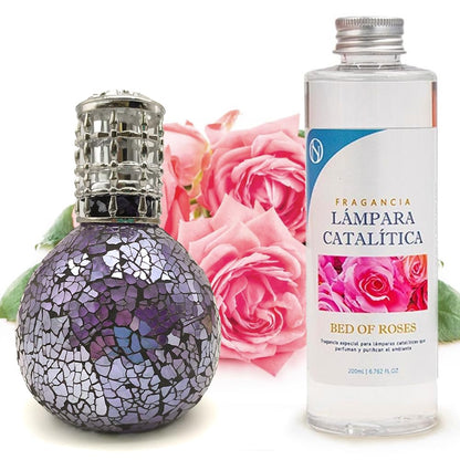 Lámpara Catalítica Mosaico Azul Océano + Fragancia Aroma Bed Of Roses 500 Ml. Elimina Malos Olores, Impurezas Y Perfuma_0