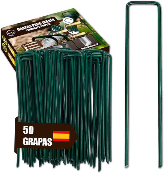GREEN GOF 50 Grapas Verdes Para Cesped Artificial, Malla Antihierba Y Jardin. Acero Galvanizado, 15x4cm, Ø3mm._0