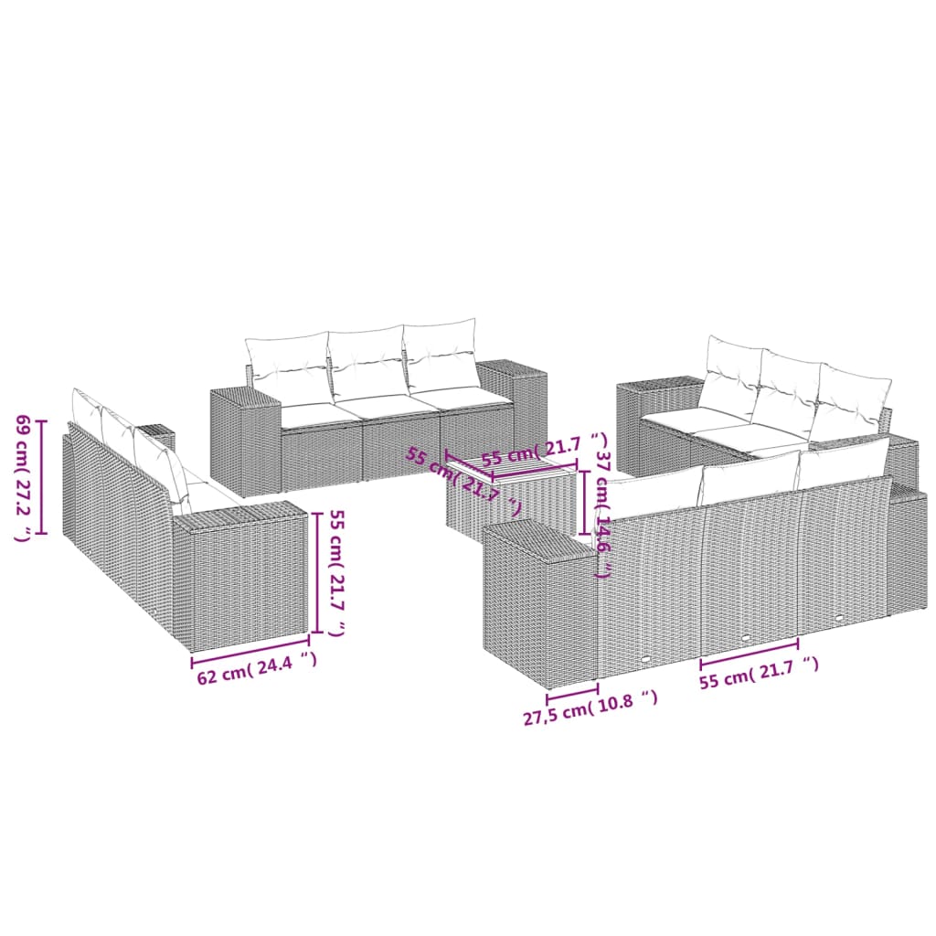 Set Sofás De Jardín Con Cojines 13 Pzas Ratán Sintético Beige / Vetonek_2