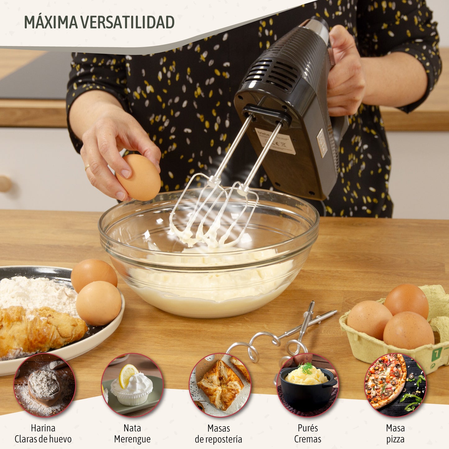 Briebe Batidora De Varillas Eléctrica 400w Amasadora De Mano Especial Repostería 5 Velocidades + Turbo, Hm1174blk, Negro_3