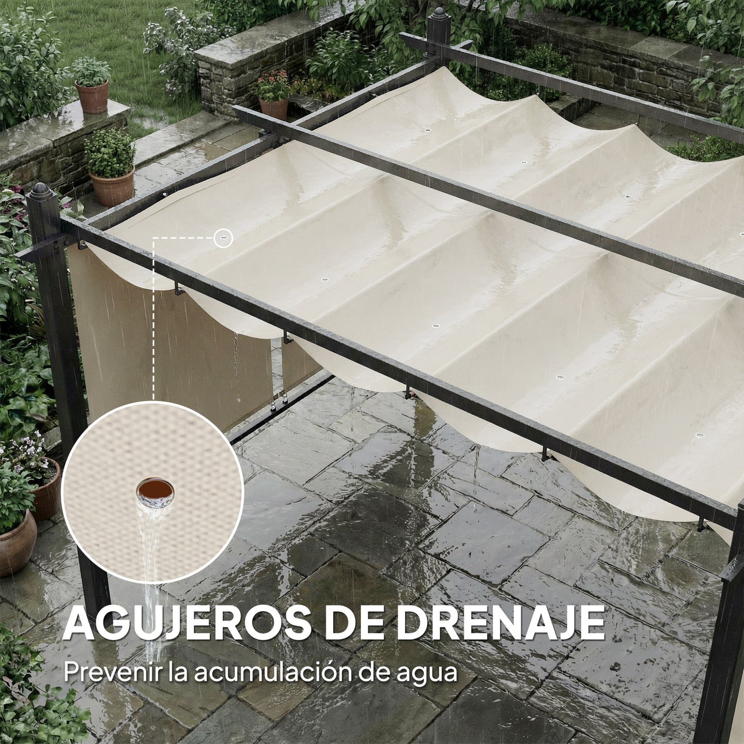 Outsunny Pérgola De Jardín 4x3 M Con Techo Retráctil Cortinas Automáticas Crema_3