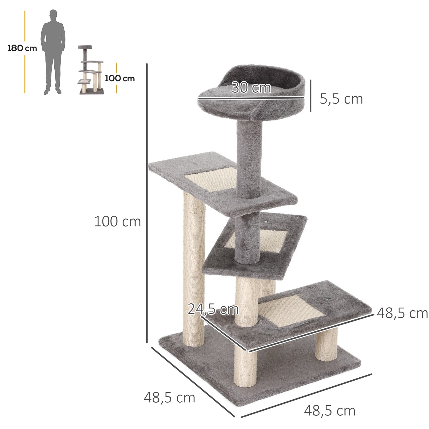 Pawhut Árbol Rascador Para Gatos 48,5x48,5x100cm Centro De Actividad Plataformas_2