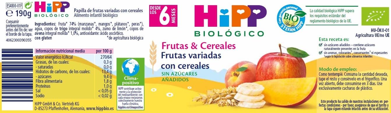 Tarrito de frutas variadas con cereales bio +6 meses HiPP 190 g