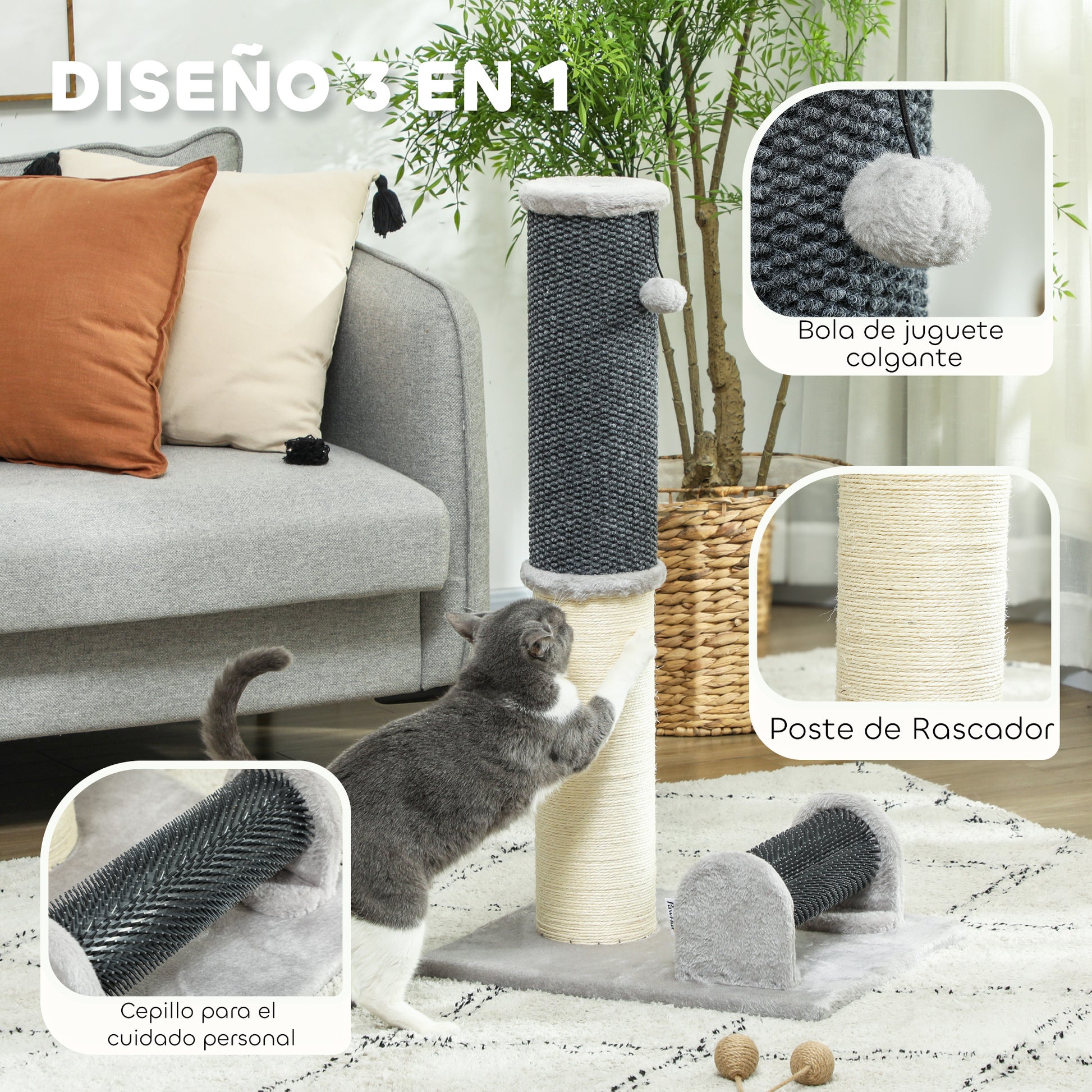 Pawhut Poste Rascador Para Gatos 85 Cm Con Cepillo De Auto Acicalado Gris Crema_3