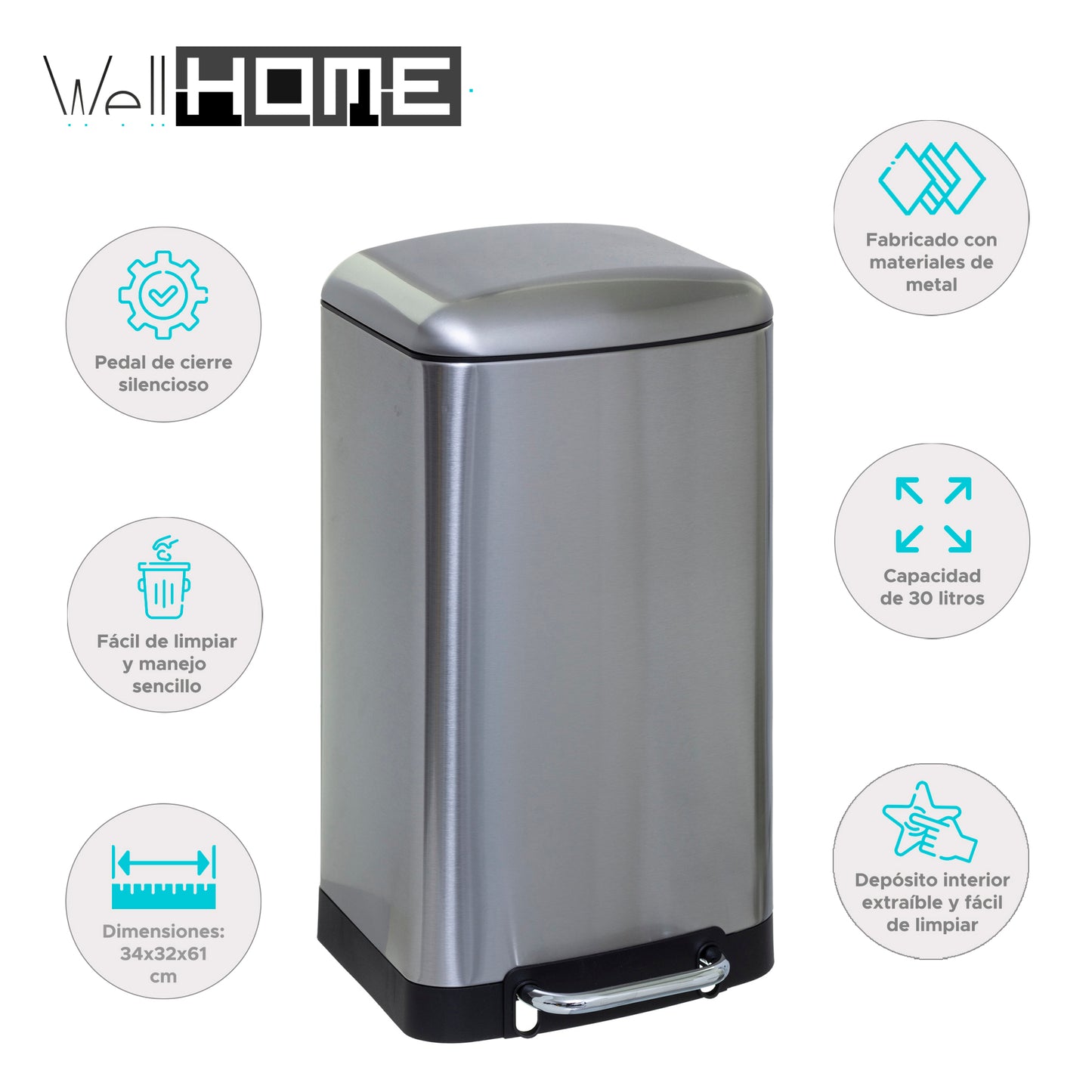 Wellhome Papelera Con Pedal De Metal 30l