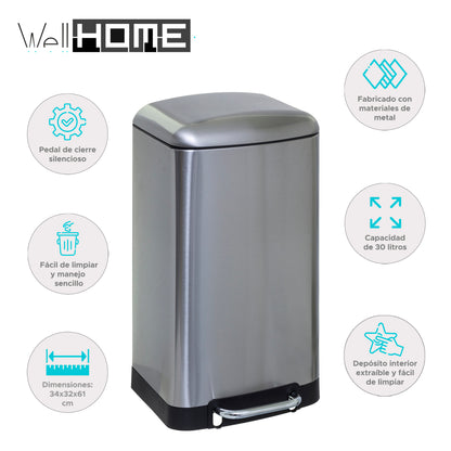 Wellhome Papelera Con Pedal De Metal 30l