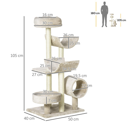 Pawhut Árbol Para Gatos 50x40x105 Cm Árbol Rascador Grande Centro De Actividad Plataformas Tubo De Juego Sisal Natural_2