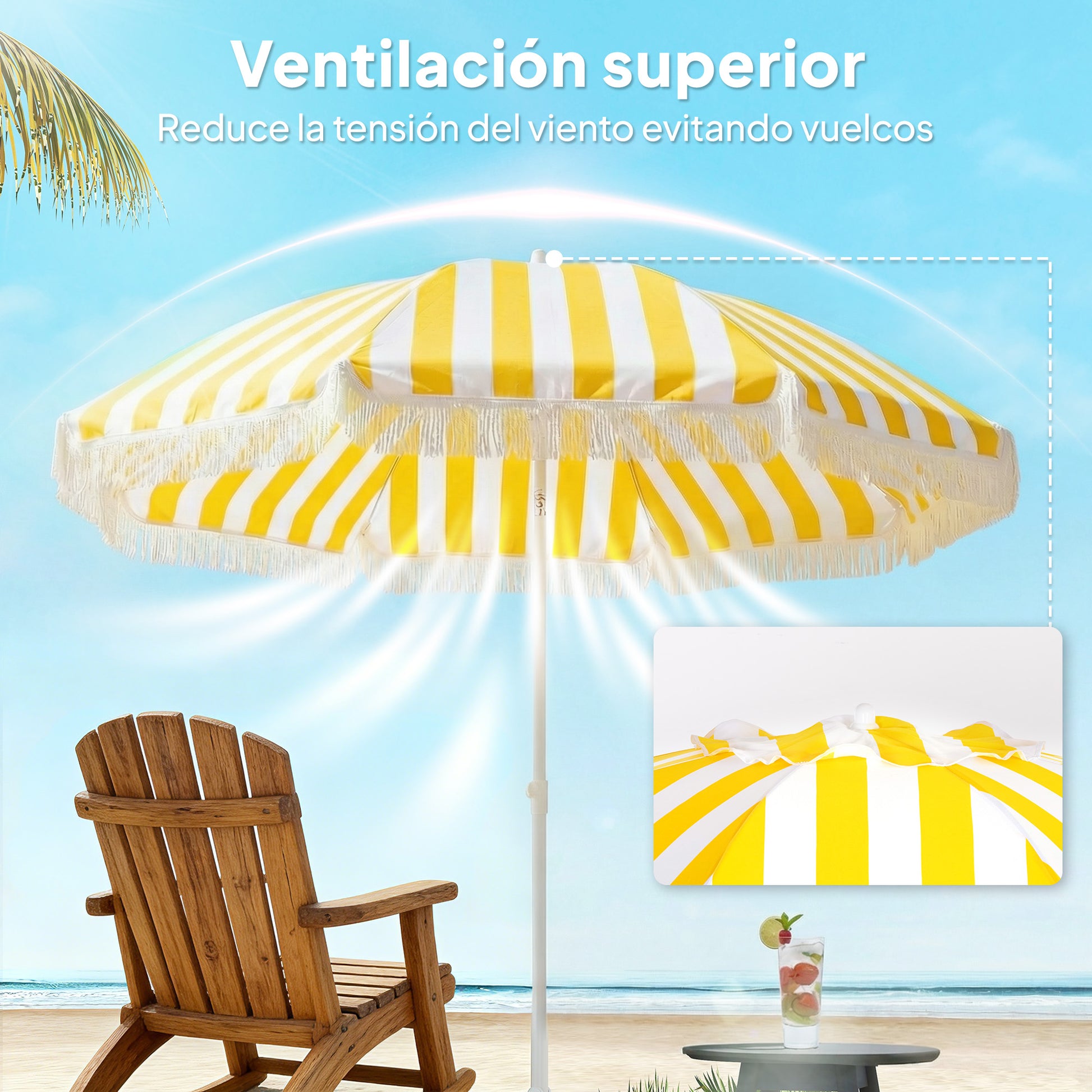 Outsunny Sombrilla De Playa Con Flecos Ø180 Cm Altura Ajustable, Inclinación 30°_5