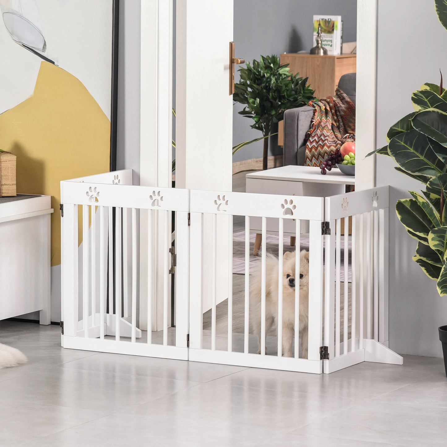 Pawhut Barrera De Seguridad Plegable Para Perros 4 Paneles 204x30x61cm Blanco_1