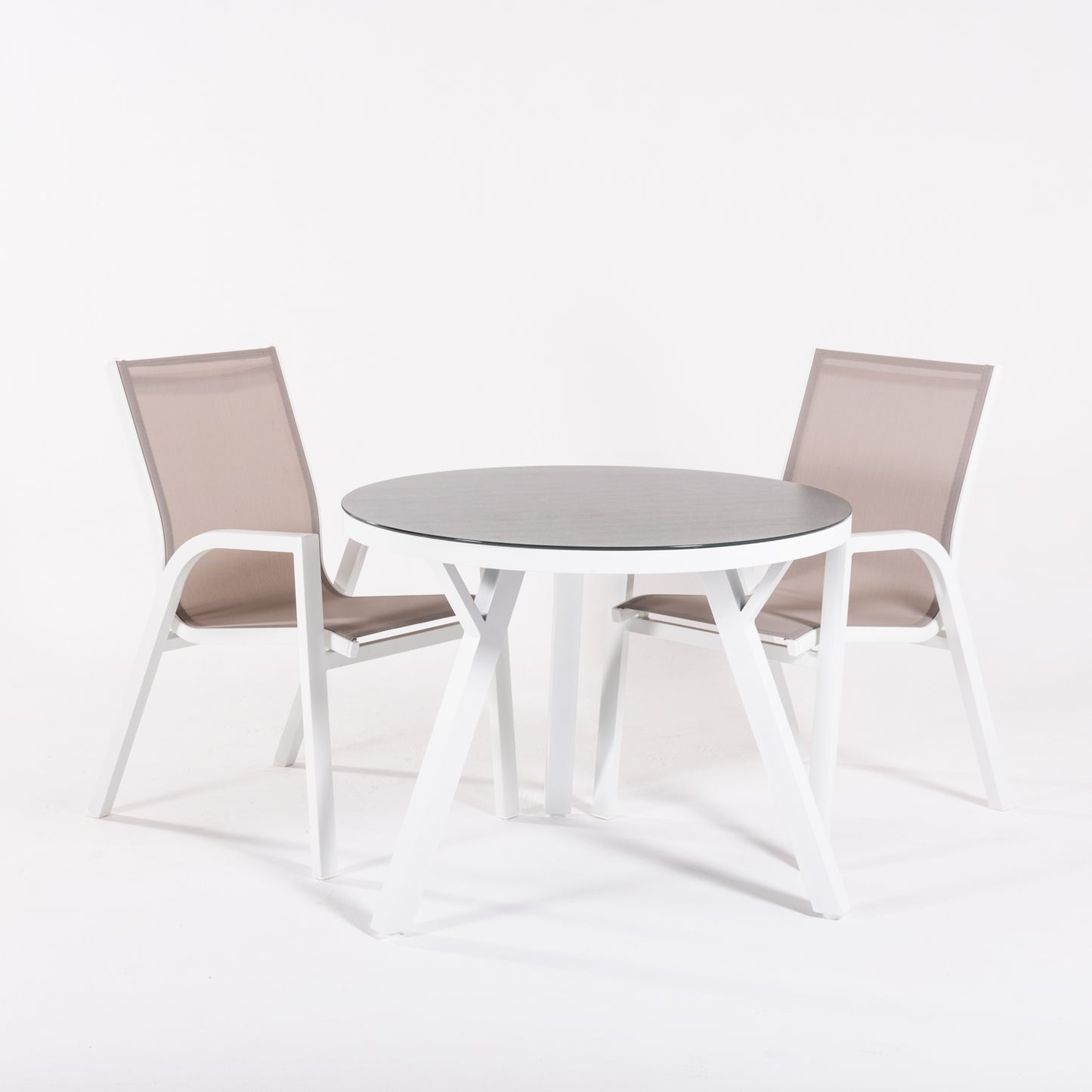 Conjunto De Mesas Y Sillas De Jardín,redonda 90 Cm, Cristal Templado, Color Blanco + 2 Sillones Reforzada_2