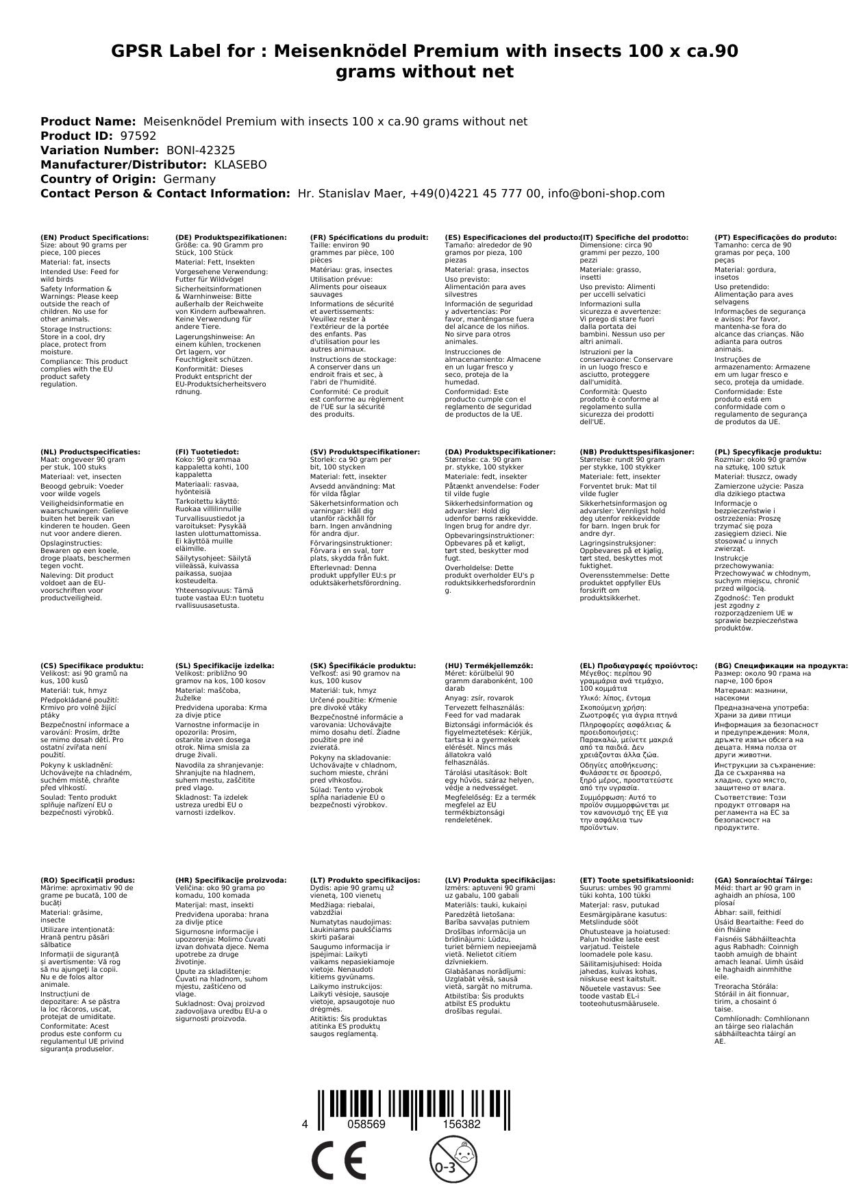 Comida Para Pájaros Silvestres, Bolas De Grasa Con Insectos, 100 X 90 Gramos Sin Red_1