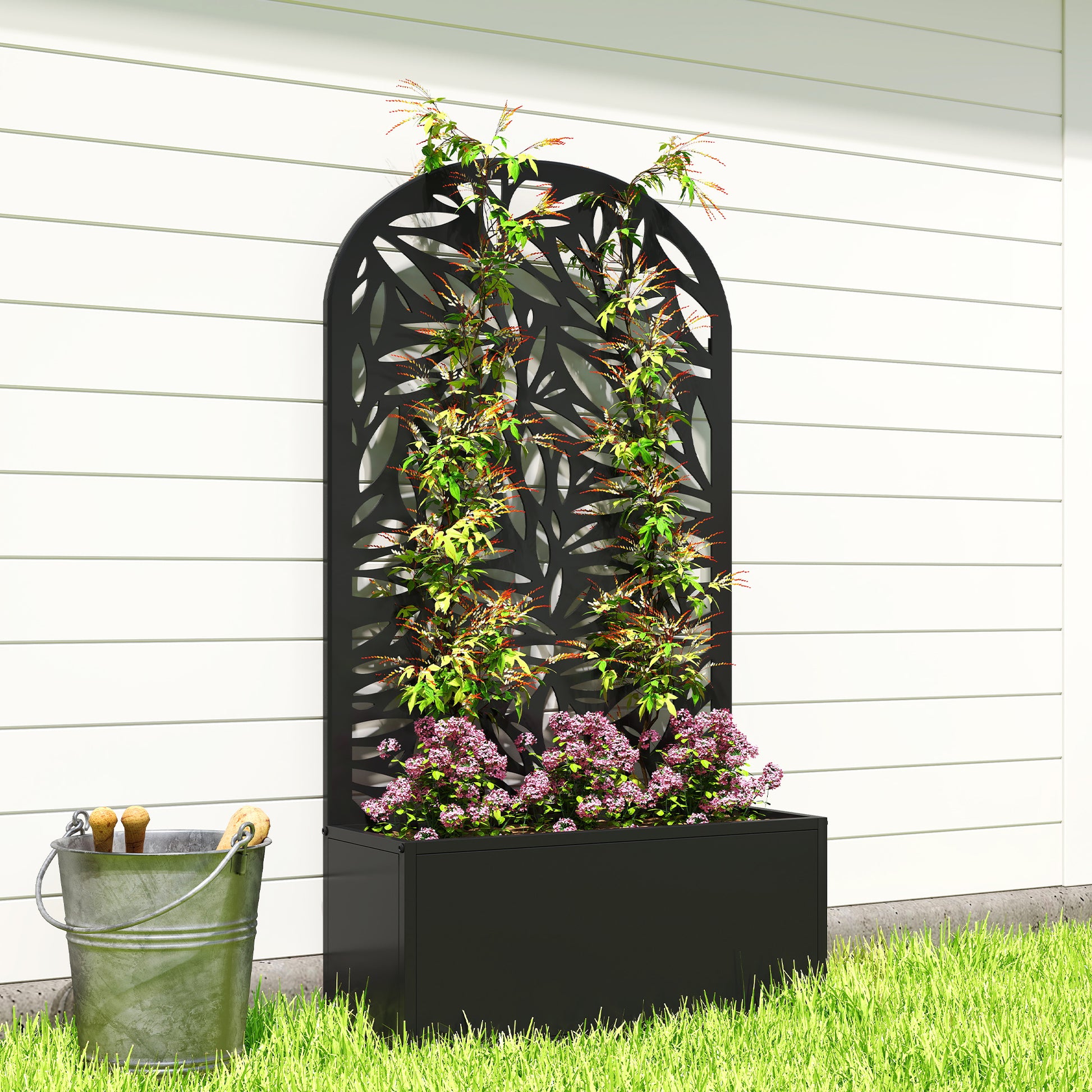 Outsunny Jardinera Exterior Grande De Metal Con Pantalla De Privacidad Negro_4