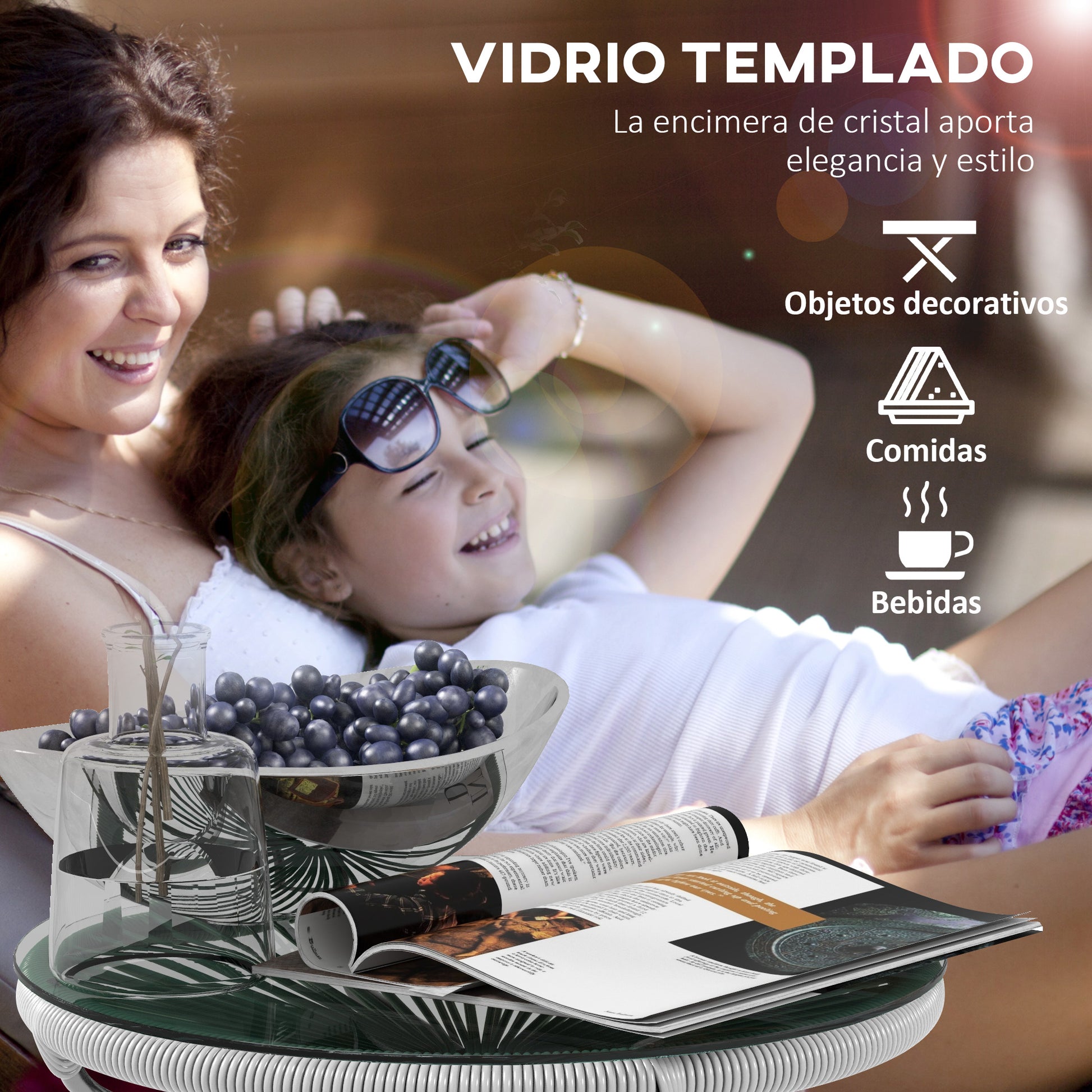 Outsunny Mesa Auxiliar Ratán Sintético Con Tablero De Vidrio Templado Ø50x50 Cm_3