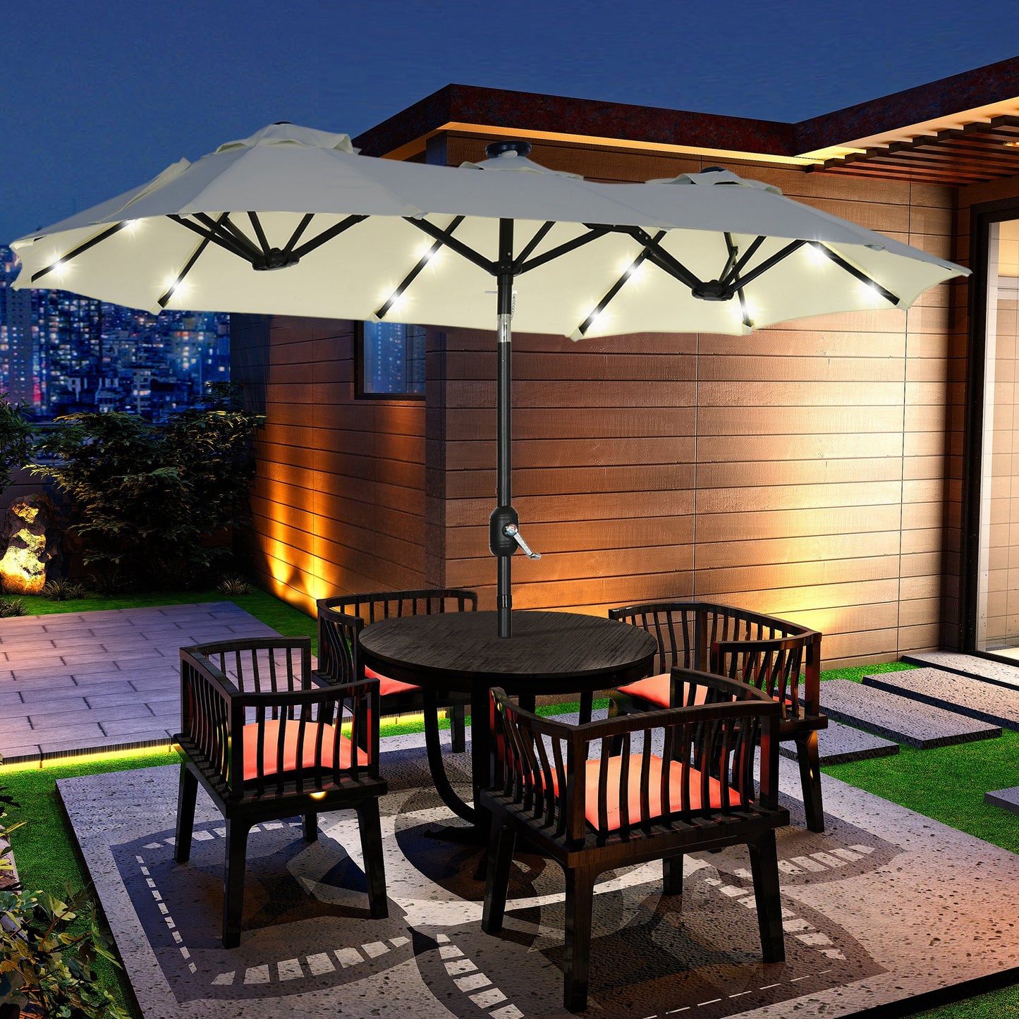 Outsunny Sombrilla Doble Con Luces Led 280x146x227 Cm Inclinación De 45° Beige_1