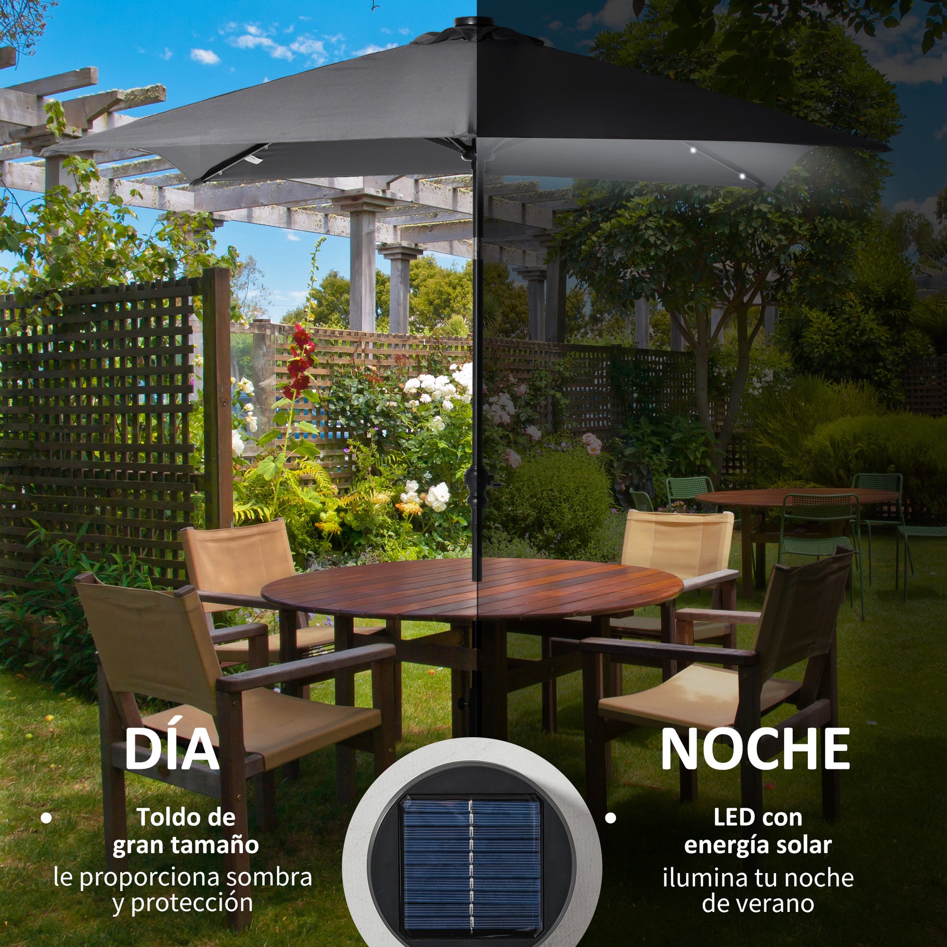 Outsunny Sombrilla De Jardín 268x205x248 Cm Con Techo Inclinable Luces Led Gris_3