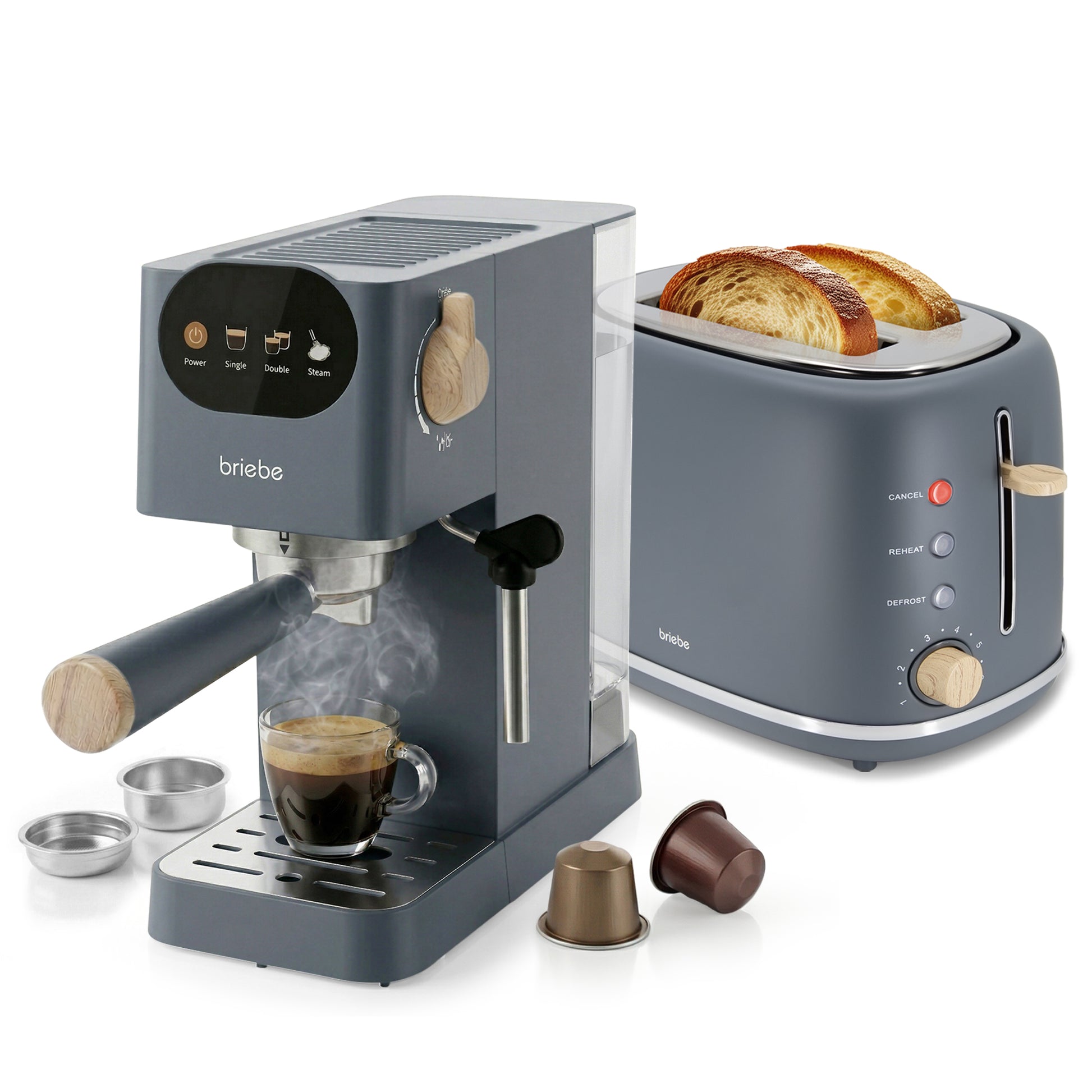 Briebe Nordic Set Cafetera 20 Bares Cápsulas, Café Molido Espumador Leche Tostadora 2 Rebanadas Anchas, Skt1221gry,gris_0
