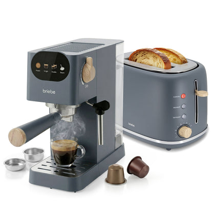 Briebe Nordic Set Cafetera 20 Bares Cápsulas, Café Molido Espumador Leche Tostadora 2 Rebanadas Anchas, Skt1221gry,gris_0