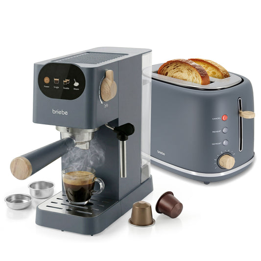 Briebe Nordic Set Cafetera 20 Bares Cápsulas, Café Molido Espumador Leche Tostadora 2 Rebanadas Anchas, Skt1221gry, Gris_0