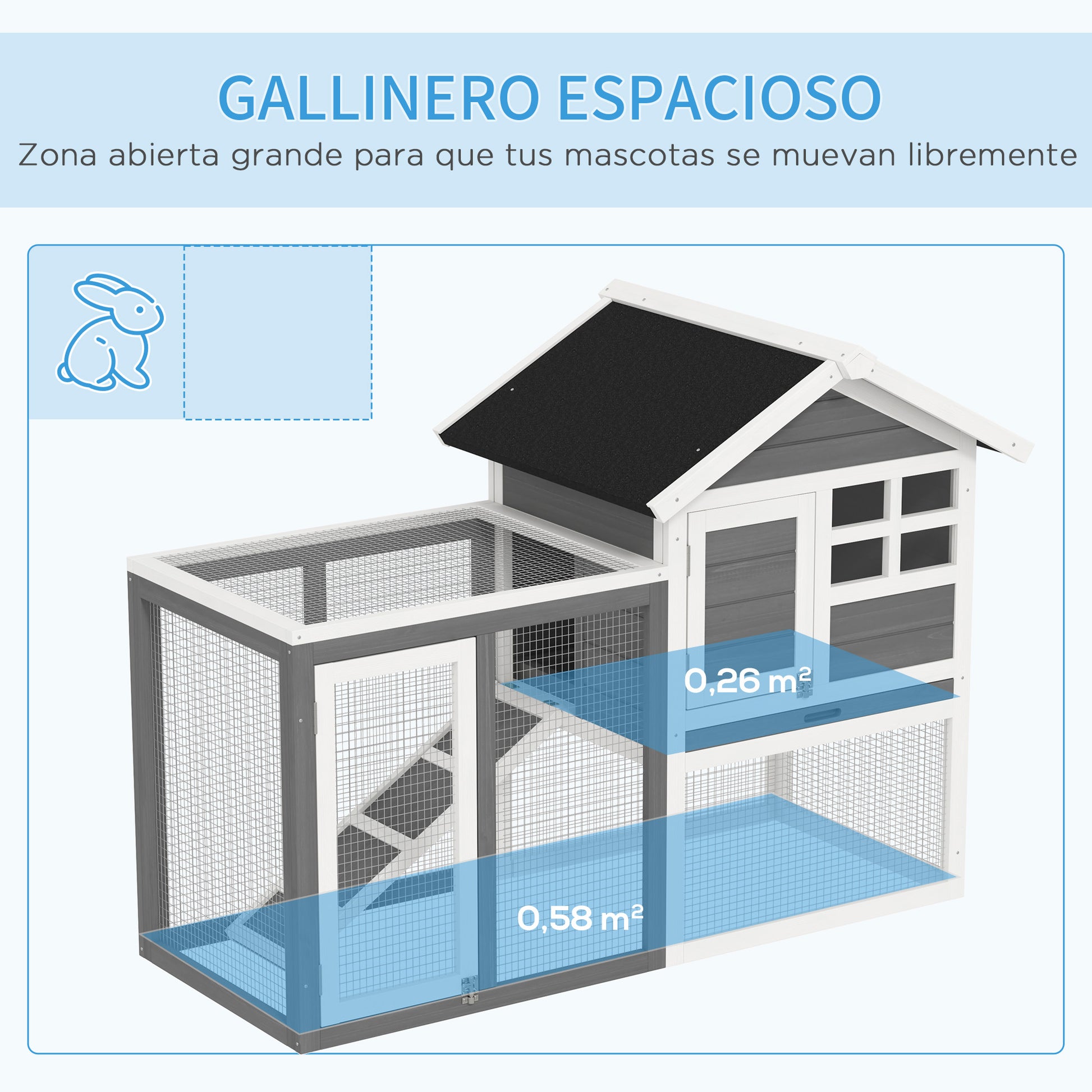 Pawhut Conejera De Madera Con Zona Abierta Y Rampa 123,5x62,6x92,5 Cm Gris_3