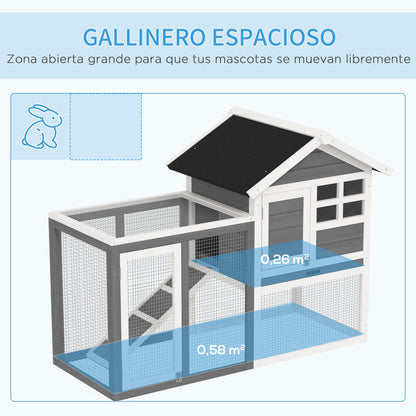 Pawhut Conejera De Madera Con Zona Abierta Y Rampa 123,5x62,6x92,5 Cm Gris_3