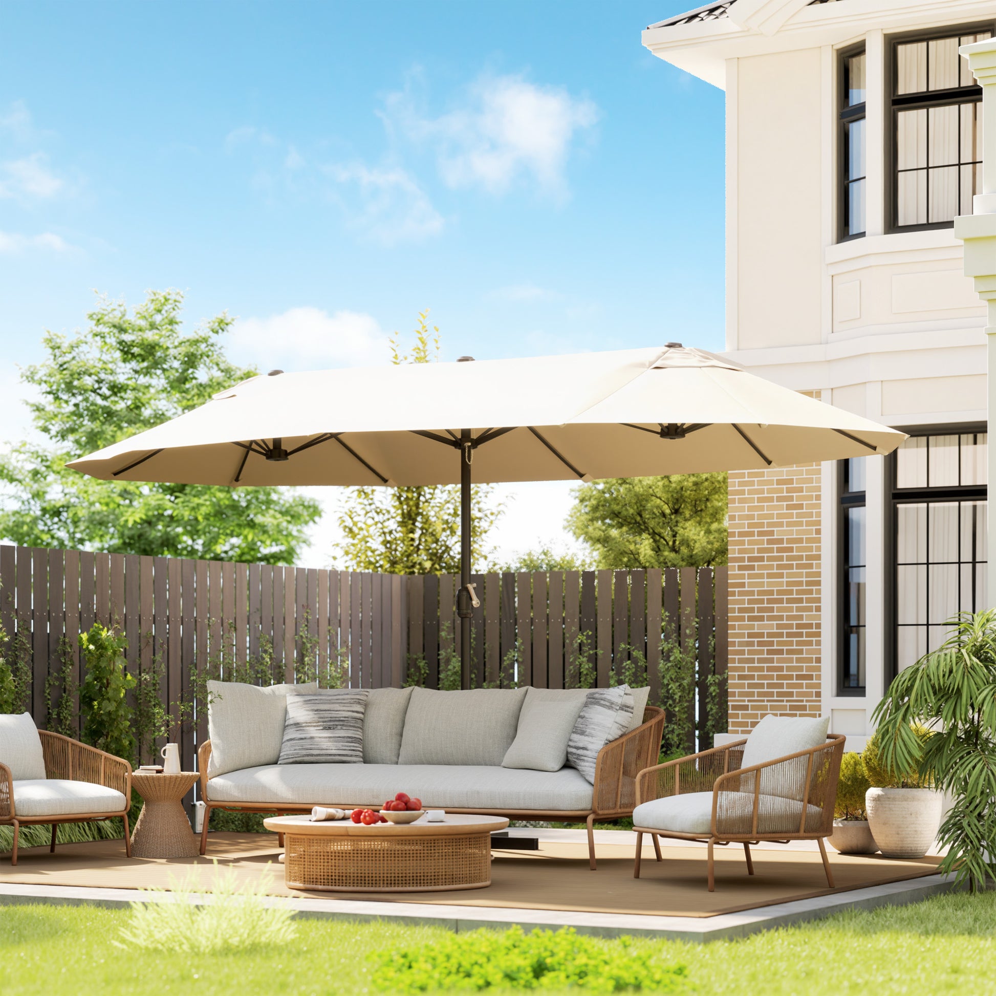 Outsunny Sombrilla Doble 4,6x2,7 M Con Manivela Resistente Al Agua Crema_1