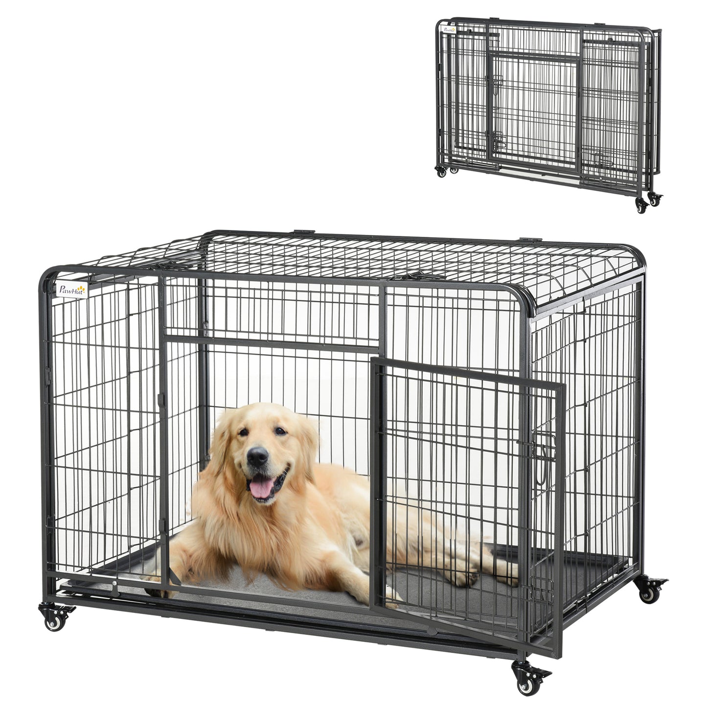 Pawhut Jaula De Metal Para Perros Plegable Con Ruedas Bandeja Extraíble_0