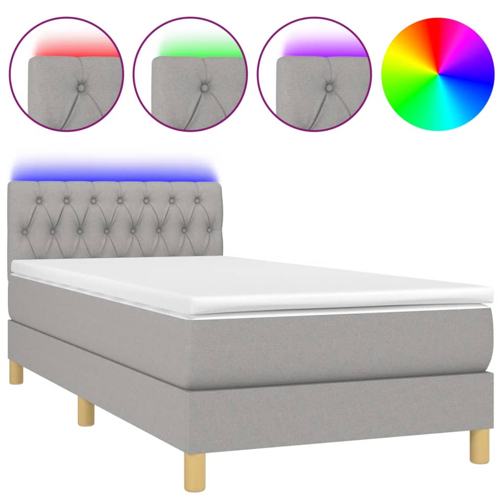 Cama Box Spring Colchón Y Luces Led Tela Gris Claro 90x200 Cm / Vetonek_2