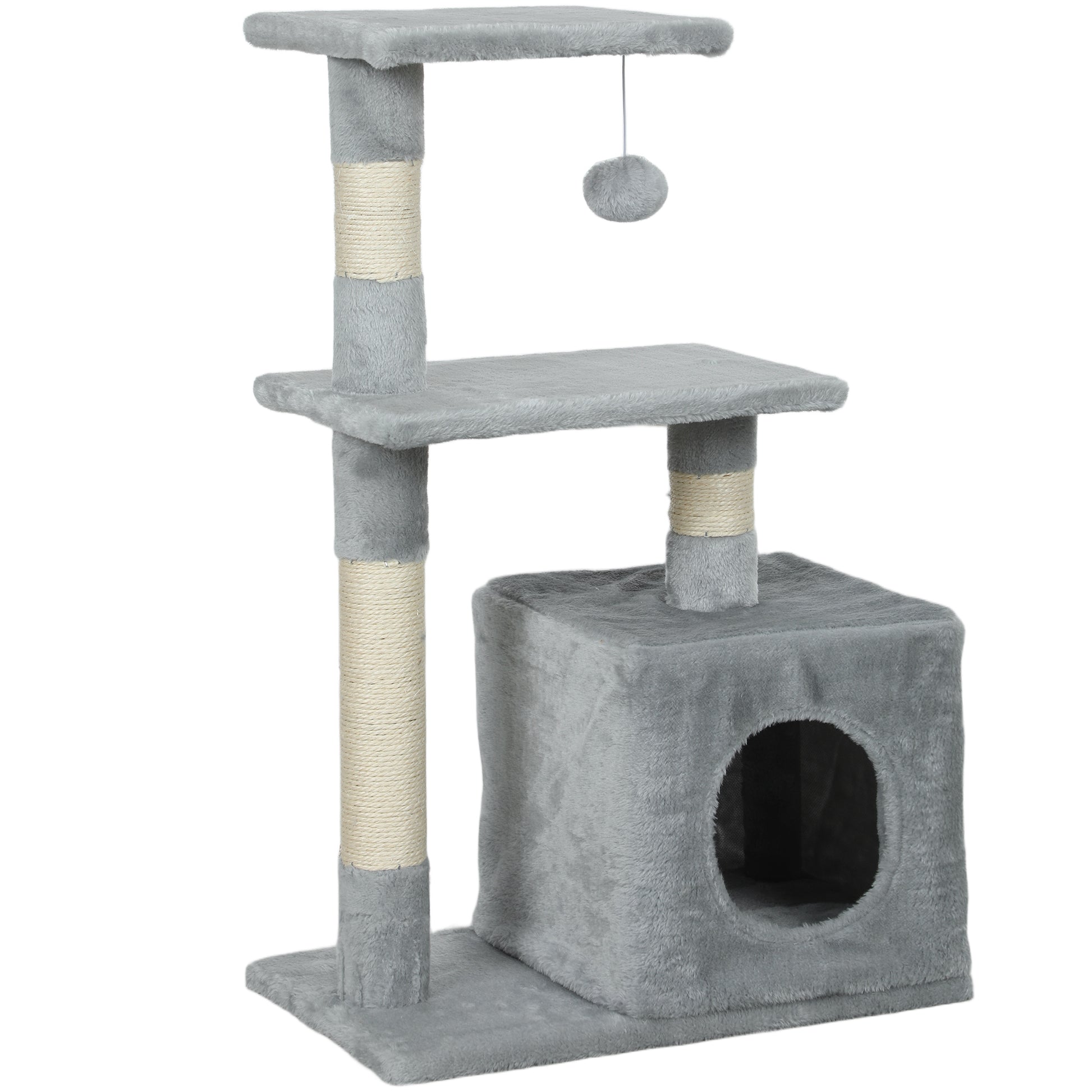 Pawhut Árbol Rascador Para Gatos Con Postes Plataformas Caja Bola Colgante Gris_0