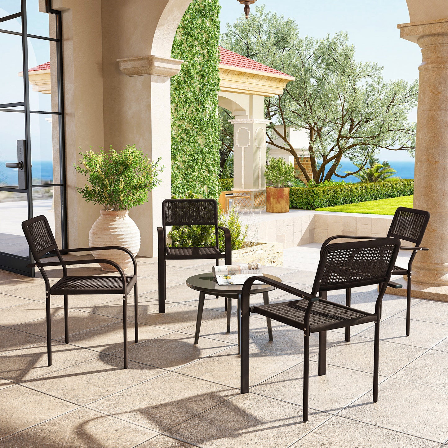 Outsunny Juego De 4 Sillas De Jardín Exterior Apilables 55x60x83cm Marrón Oscuro_1