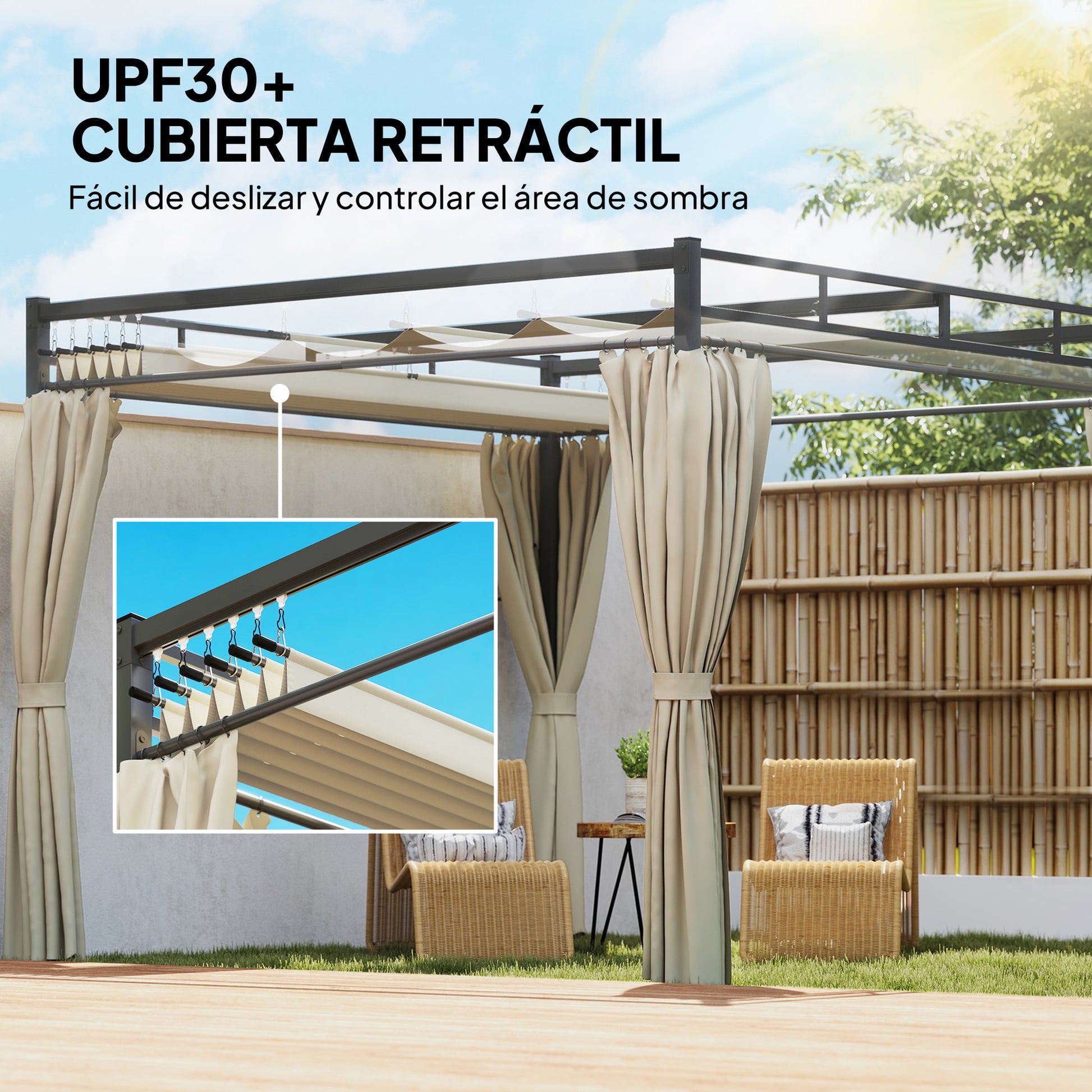 Outsunny Pérgola De Jardín 3x3 M Con Techo Retráctil Y 4 Cortinas_3
