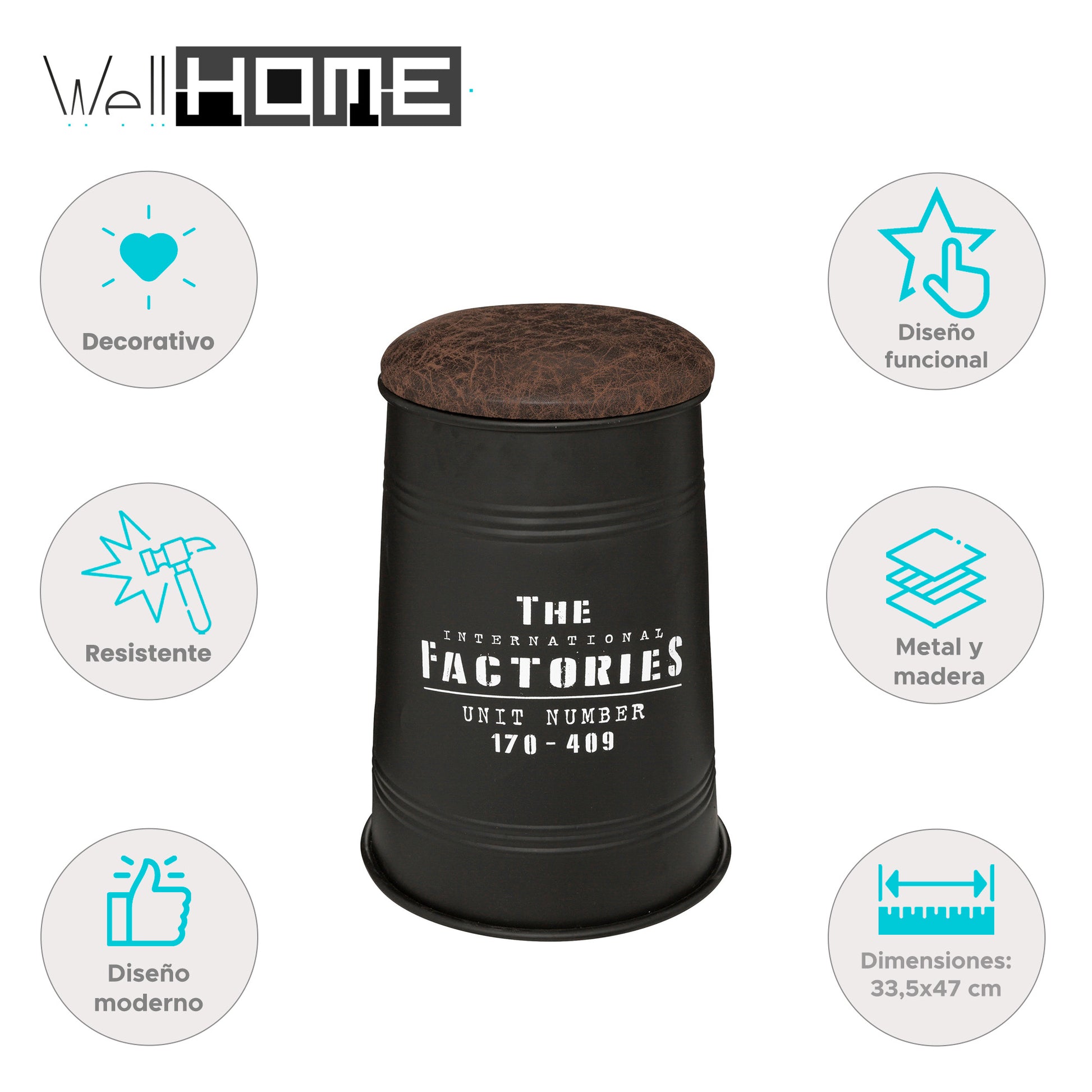 Well Home - Puf Canister joao, Metal Y Madera, Negro_1