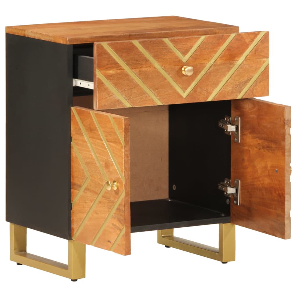Mesita De Noche Madera Maciza Mango Marrón Y Negro 50x33x60 C_1