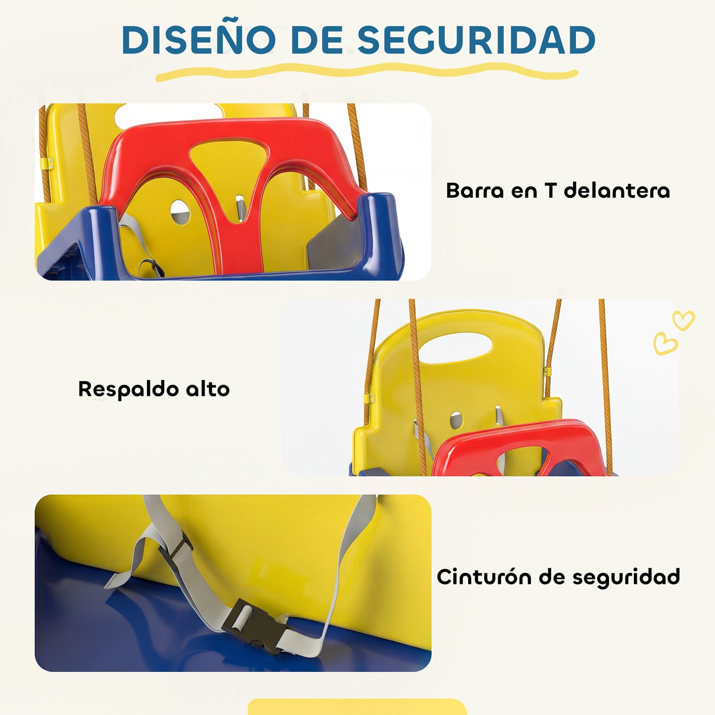 Outsunny Columpio Infantil 3 En 1 Cuerda Ajustable Respaldo Desmontable Azul_5