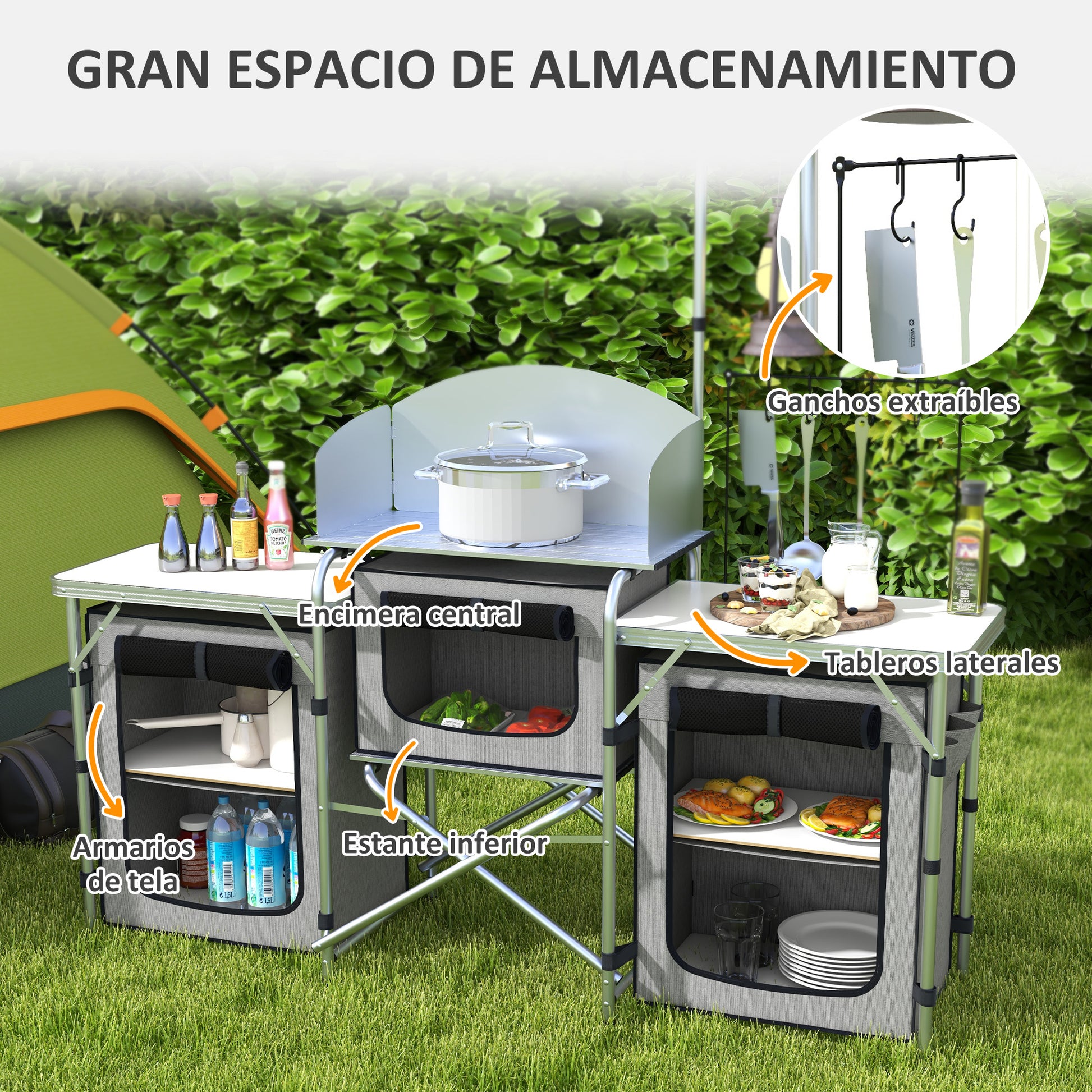 Outsunny Mueble De Cocina Para Camping Con 3 Mesas 172x48x130 Cm Gris_3