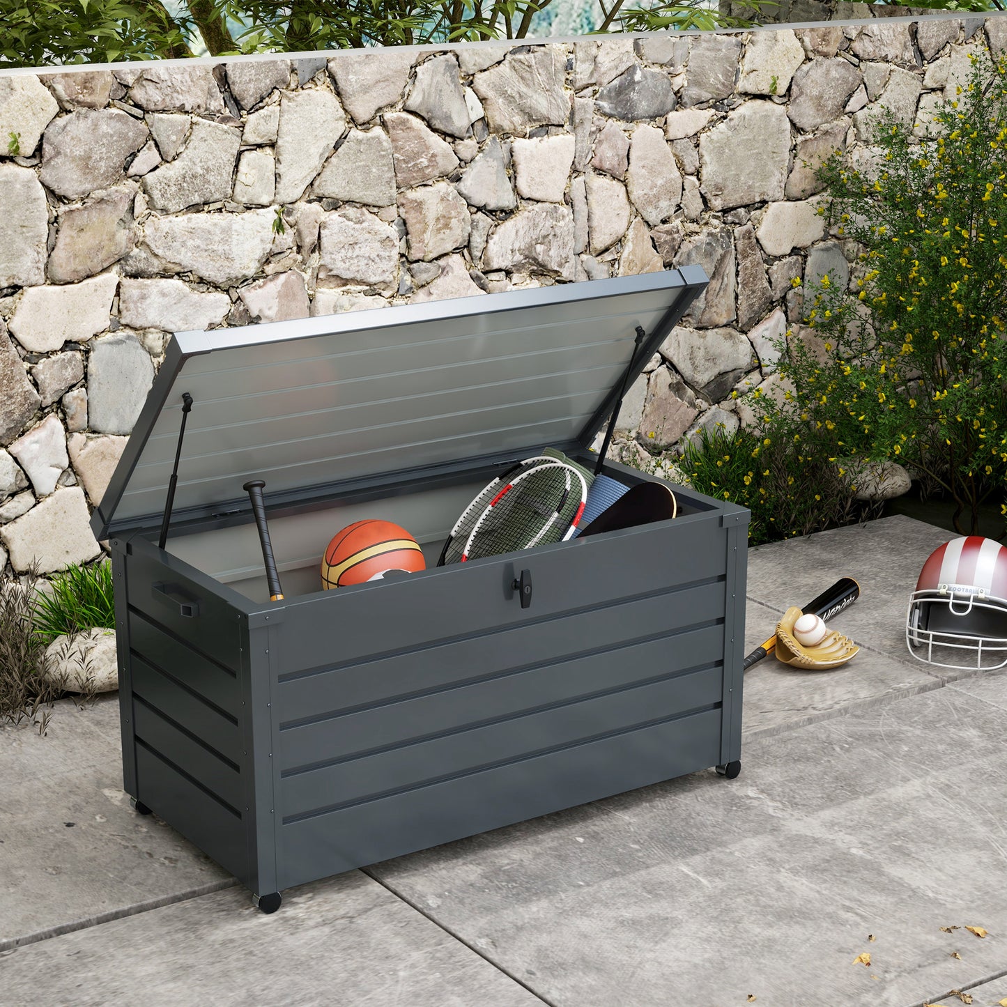 Outsunny Baúl De Exterior 311 L Con 4 Ruedas 2 Asas 120x62x66 Cm Gris Oscuro_1