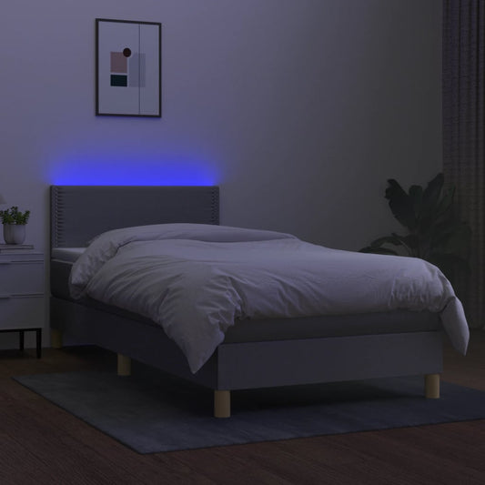Cama Box Spring Con Colchón Tela Y Led Gris Claro 100x200 Cm / Vetonek_0