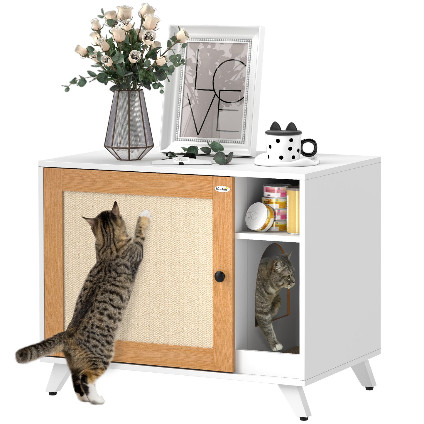 Pawhut Mueble Arenero Para Gatos Con Puerta Con Almohadilla Para Rascar Blanco_0