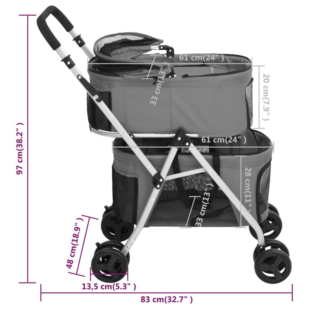Vidaxl Cochecito Doble De Perros Plegable Tela Oxford Gris 83x48x97cm_2