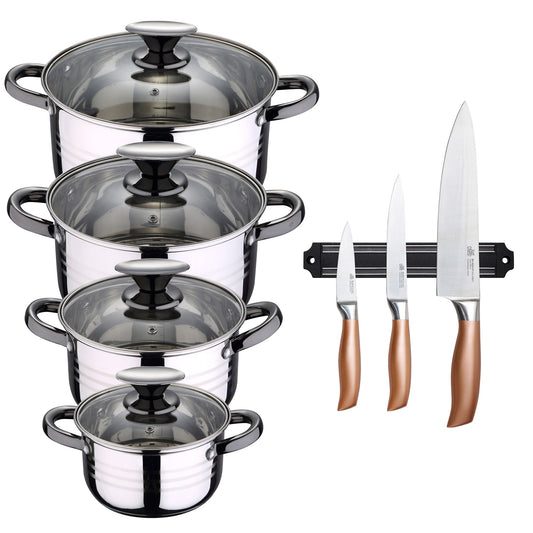 Bateria De Cocina 8 Piezas Apta Para Induccion San Ignacio Hita En Acero Inoxidable Con Set De 3 Cuchillos En Acero Inoxidable Con Barra Magnetica_0