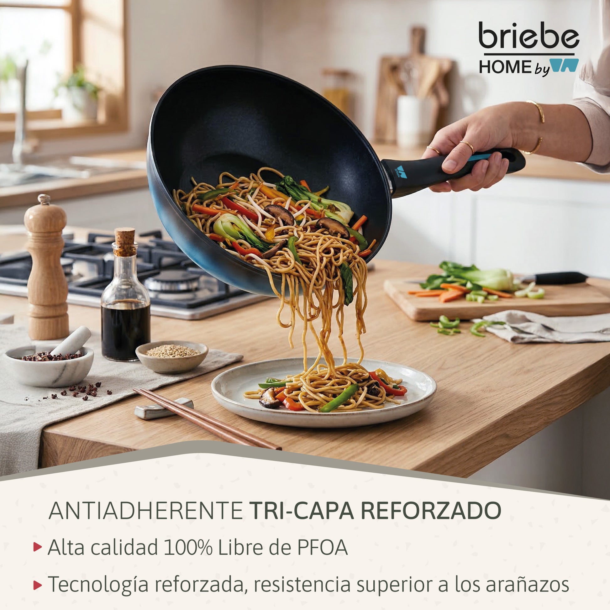 Briebe Wok Inducción Acero Forjado 26cm Antiadherente Sin Pfoa, Apto Todas Cocinas Fabricada En España, Mare, Azul_3
