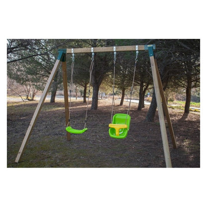 Columpio Doble De Madera Cuadrada Masgames Karai Junior Xl + Asiento Bebe.