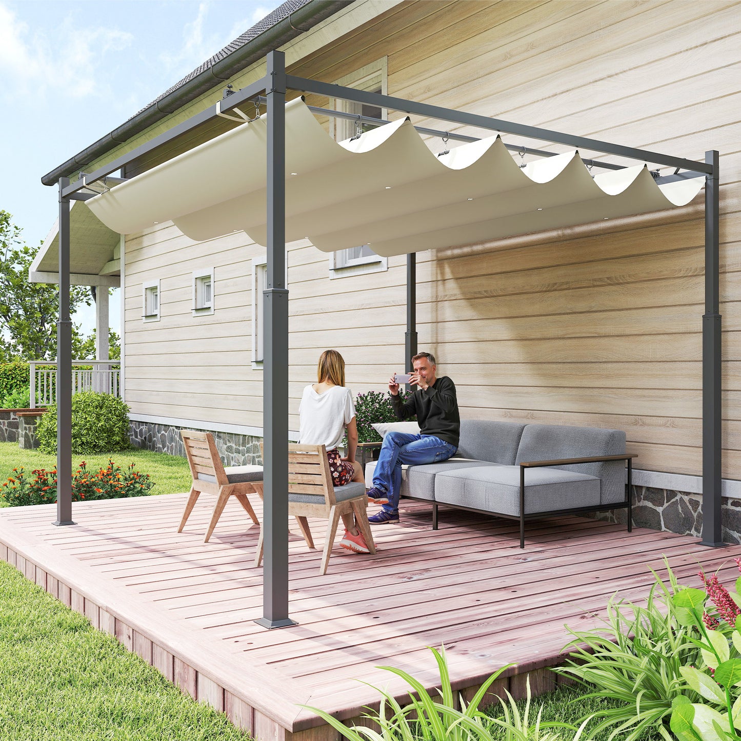 Outsunny Pérgola De Jardín 3x3 M Con Techo Retráctil Y Accesorio Magnético_1
