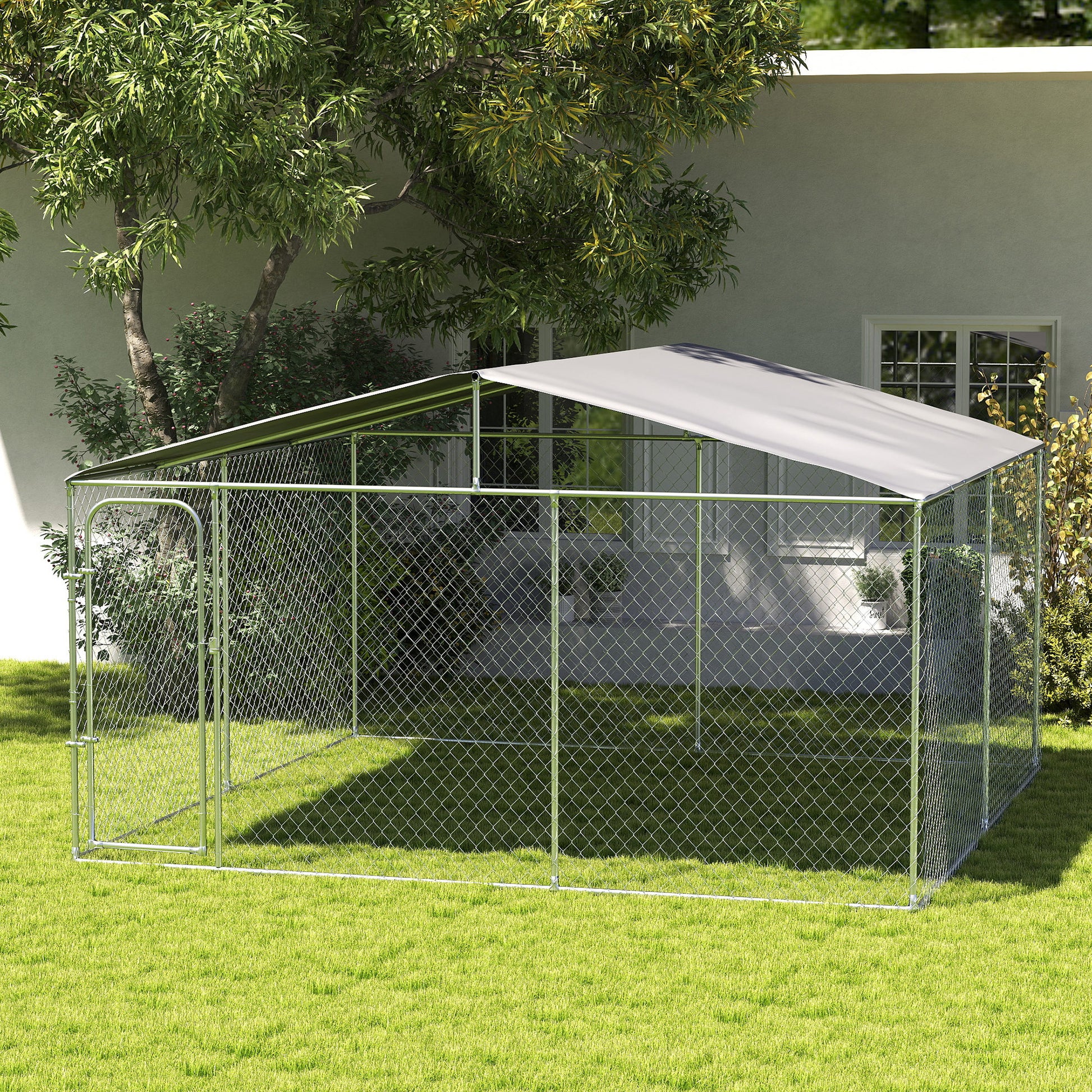 Pawhut Perrera Con Toldo Anti-uv Impermeable Con Puerta 4x4x2,3 M Plata_1